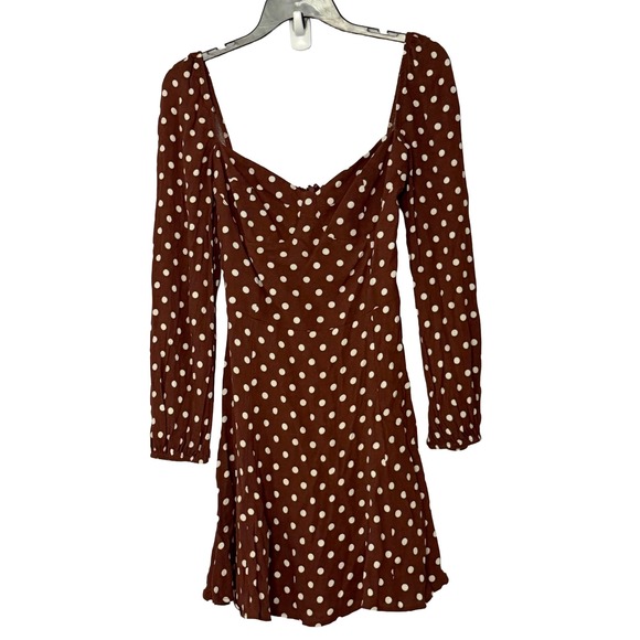 Reformation Mochi Smocked Sweetheart Polka Dot Mini Dress in Au Lait Brown  - 8